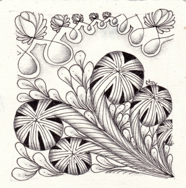 Ein Zentangle aus den Mustern Abeko, Flux, Sogning,  gezeichnet von Ela Rieger, CZT