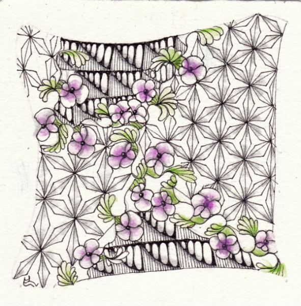 Ein Zentangle aus den Mustern Klabü, Japan Diamand, Lokomotive,  gezeichnet von Ela Rieger, CZT