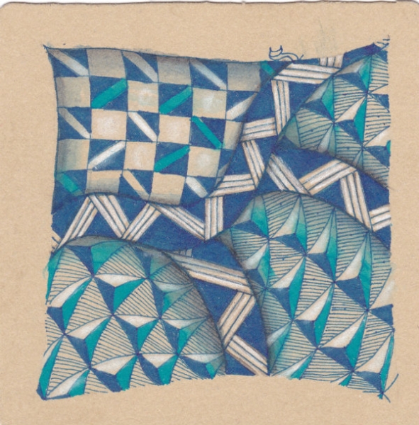 Ein Zentangle aus den Mustern Yny, Trimonds, Hached,  gezeichnet von Ela Rieger, CZT