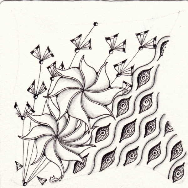 Ein Zentangle aus den Mustern WINFLO, Geerandola, Istanbul,  gezeichnet von Ela Rieger, CZT