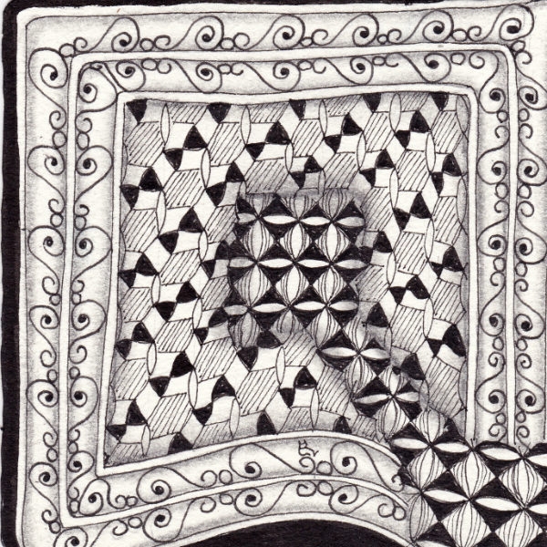Ein Zentangle aus den Mustern Paravan, Strimonds, Curly Border,  gezeichnet von Ela Rieger, CZT