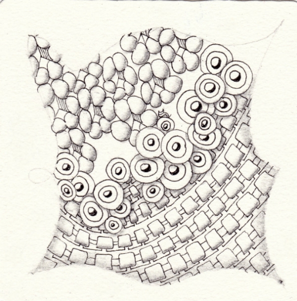 Ein Zentangle aus den Mustern PopT, Squanection, Bubbles,  gezeichnet von Ela Rieger, CZT