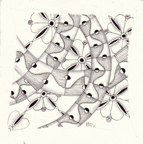 Ein Zentangle aus den Mustern Halfmoon, Hollibaugh, Murphy,  gezeichnet von Ela Rieger, CZT