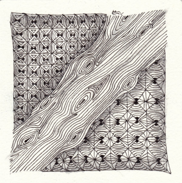 Ein Zentangle aus den Mustern Grained, Signalz,  gezeichnet von Ela Rieger, CZT