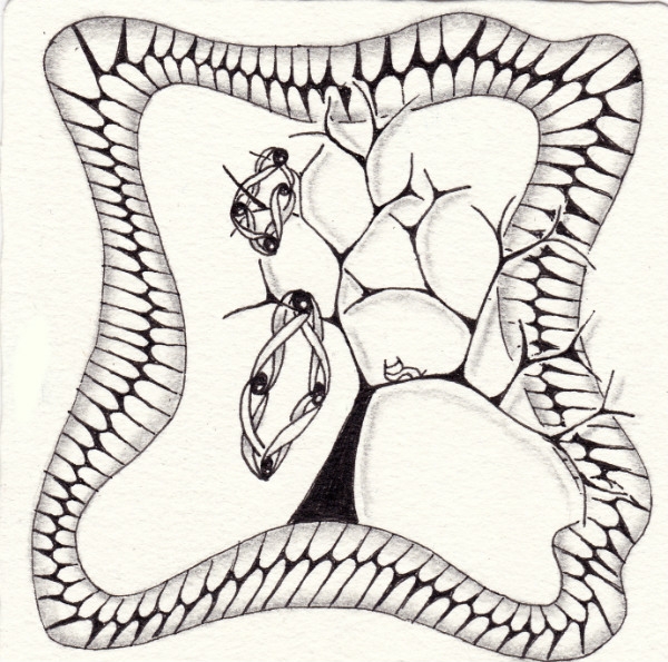 Ein Zentangle aus den Mustern Infinity, Tree, Snaking,  gezeichnet von Ela Rieger, CZT