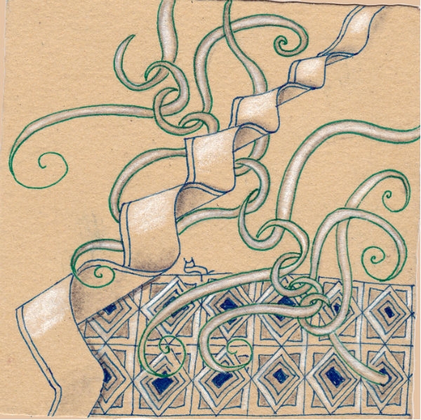 Ein Zentangle aus den Mustern Hako, Link Feather, Bannah,  gezeichnet von Ela Rieger, CZT