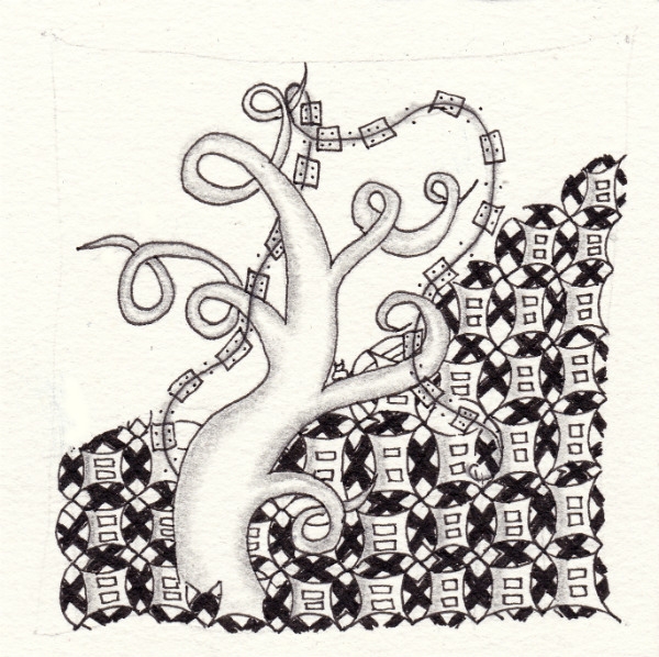 Ein Zentangle aus den Mustern Jack’s Stack, Afreeka, Boxtel,  gezeichnet von Ela Rieger, CZT
