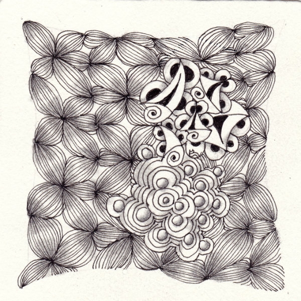 Ein Zentangle aus den Mustern Wacho, Bloom, Go 4 And Multiply,  gezeichnet von Ela Rieger, CZT