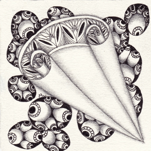 Ein Zentangle aus den Mustern H2O Lilly, Whatz That, Page Curl V2,  gezeichnet von Ela Rieger, CZT