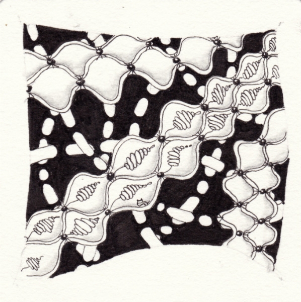 Ein Zentangle aus den Mustern Lampions, Morse, Pudge,  gezeichnet von Ela Rieger, CZT