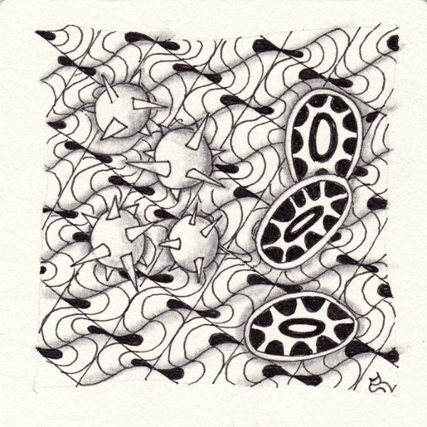 Ein Zentangle aus den Mustern Kuba, Ripples, Crobe,  gezeichnet von Ela Rieger, CZT