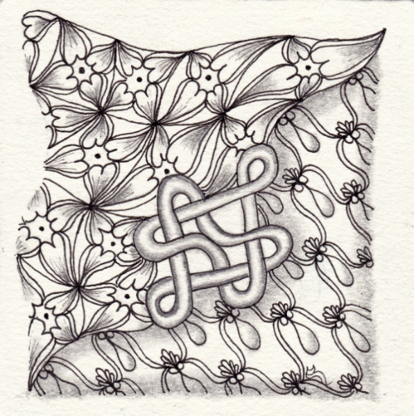 Ein Zentangle aus den Mustern Pear Drops, Heartfully, Uncherys,  gezeichnet von Ela Rieger, CZT