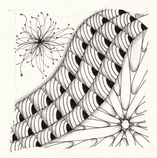 Ein Zentangle aus den Mustern Isla, Beelight, Tangleflake 4,  gezeichnet von Ela Rieger, CZT