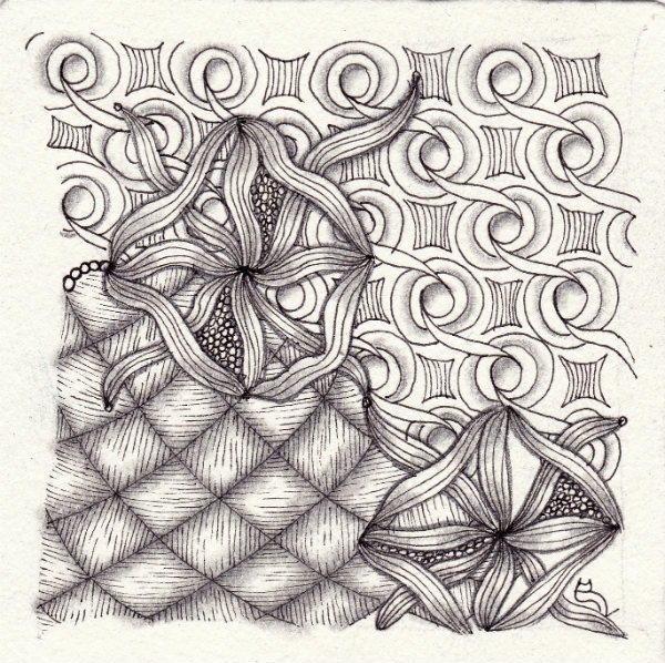 Ein Zentangle aus den Mustern Boucle, Yincut, Enshou En Grille,  gezeichnet von Ela Rieger, CZT
