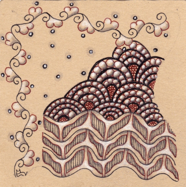 Ein Zentangle aus den Mustern LaBel, Y-Flip, Shamber,  gezeichnet von Ela Rieger, CZT