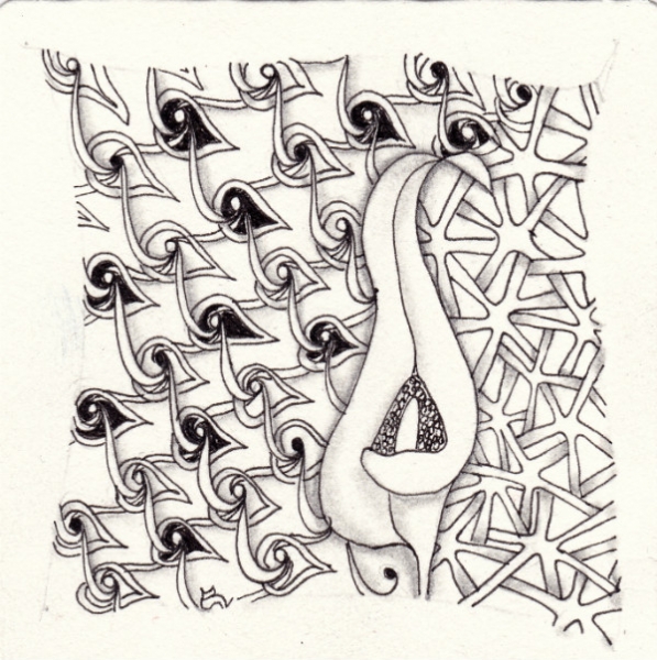 Ein Zentangle aus den Mustern Capo, Easter Lily, Frosty,  gezeichnet von Ela Rieger, CZT