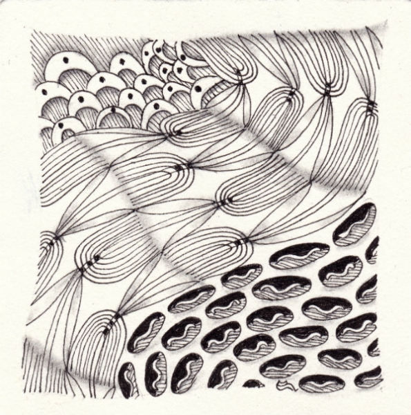 Ein Zentangle aus den Mustern Cowrie, BB-Navels, Choo Lips,  gezeichnet von Ela Rieger, CZT