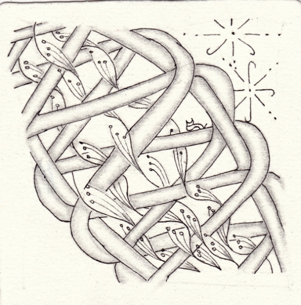 Ein Zentangle aus den Mustern El Prado, Entwine, Jburst,  gezeichnet von Ela Rieger, CZT
