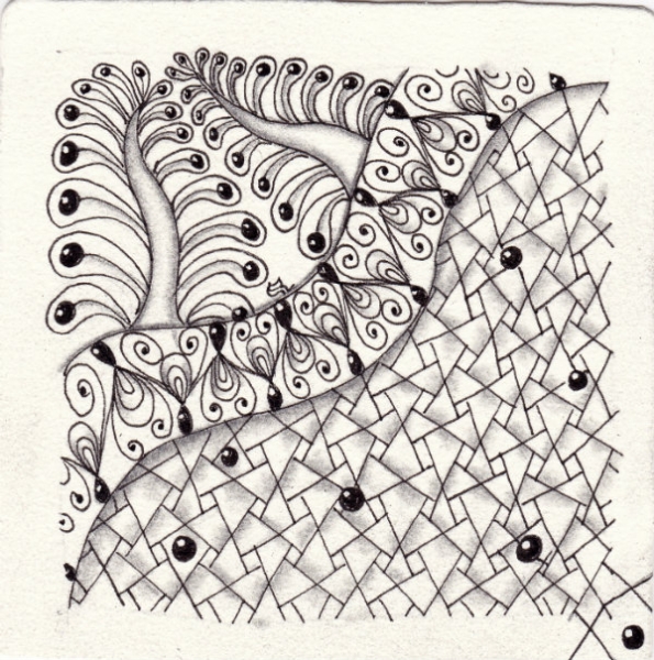 Ein Zentangle aus den Mustern Eaxy, Peacock Plant, Retro,  gezeichnet von Ela Rieger, CZT