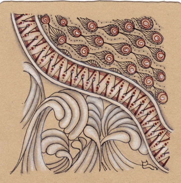 Ein Zentangle aus den Mustern MooWa, Vectorwec, Pea-Fea,  gezeichnet von Ela Rieger, CZT