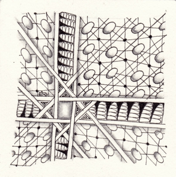 Ein Zentangle aus den Mustern Arundel, Vorago, Parabola,  gezeichnet von Ela Rieger, CZT