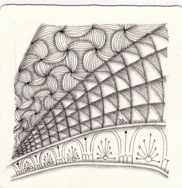 Ein Zentangle aus den Mustern Wichtel, Littlefield-Ut, Frame Over,  gezeichnet von Ela Rieger, CZT