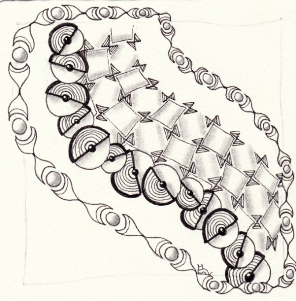 Ein Zentangle aus den Mustern Tie, Vamala, Tuckidle,  gezeichnet von Ela Rieger, CZT