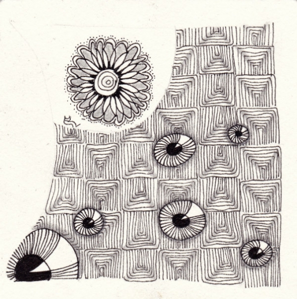 Ein Zentangle aus den Mustern Ogen, Waterlily, All Boxed Up,  gezeichnet von Ela Rieger, CZT