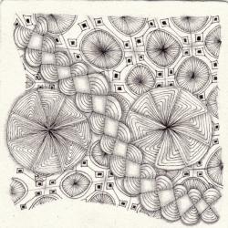 Ein Zentangle aus den Mustern Bridge, Maryhill, Jeewels,  gezeichnet von Ela Rieger, CZT