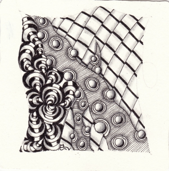 Ein Zentangle aus den Mustern Chi, Bunzo, Wartz,  gezeichnet von Ela Rieger, CZT