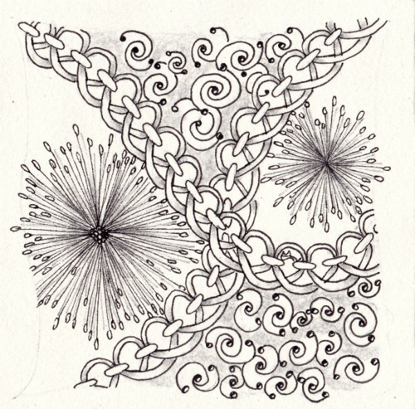 Ein Zentangle aus den Mustern Madrono, DL Nebula, Pekinitch,  gezeichnet von Ela Rieger, CZT