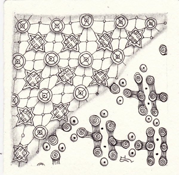 Ein Zentangle aus den Mustern Oakling, Dumbellz,  gezeichnet von Ela Rieger, CZT