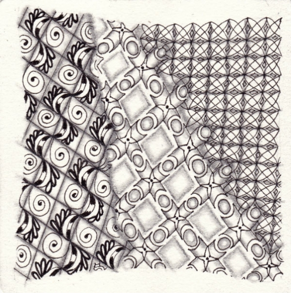 Ein Zentangle aus den Mustern Minouche, Camelia, Lough Erne,  gezeichnet von Ela Rieger, CZT