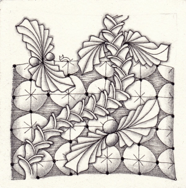 Ein Zentangle aus den Mustern My Swing, Chainlea, Squirk,  gezeichnet von Ela Rieger, CZT