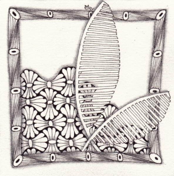 Ein Zentangle aus den Mustern Rivet, Frake, Venetian,  gezeichnet von Ela Rieger, CZT