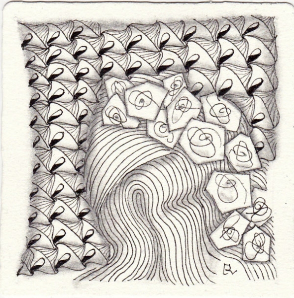 Ein Zentangle aus den Mustern Roas , Suspect, Fichy,  gezeichnet von Ela Rieger, CZT