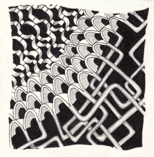 Ein Zentangle aus den Mustern Tubez, Viaduct, Thai-Mex,  gezeichnet von Ela Rieger, CZT