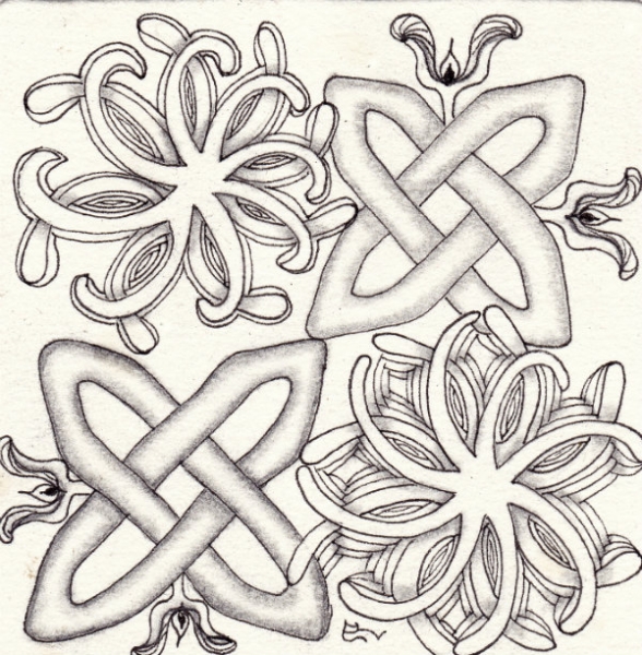 Ein Zentangle aus den Mustern Bladz, Aegis, Bloss 1,  gezeichnet von Ela Rieger, CZT