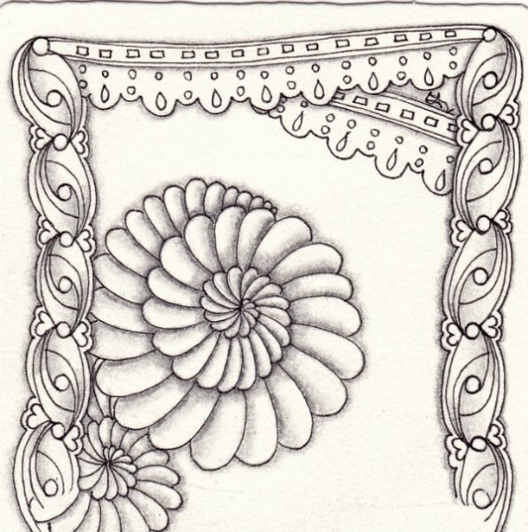 Ein Zentangle aus den Mustern Cindyer, Eyelet Lace, Hamail,  gezeichnet von Ela Rieger, CZT