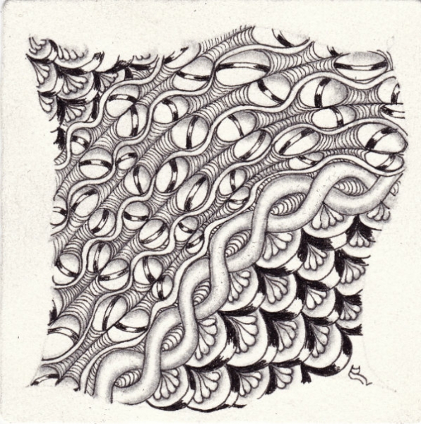 Ein Zentangle aus den Mustern Cirli, Spuds And Sprouts, Cayke,  gezeichnet von Ela Rieger, CZT