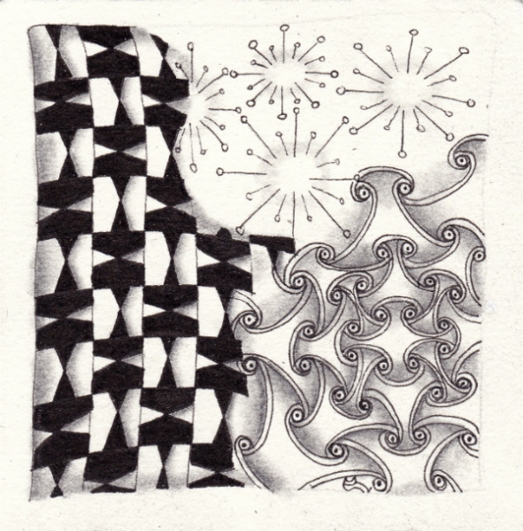 Ein Zentangle aus den Mustern Crazy Huggins, Ahh, Tacks,  gezeichnet von Ela Rieger, CZT