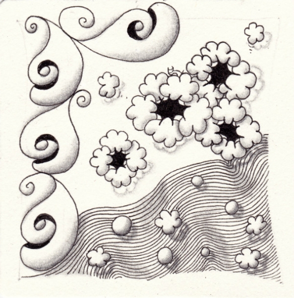 Ein Zentangle aus den Mustern Flusion, Nipa, Coroline,  gezeichnet von Ela Rieger, CZT