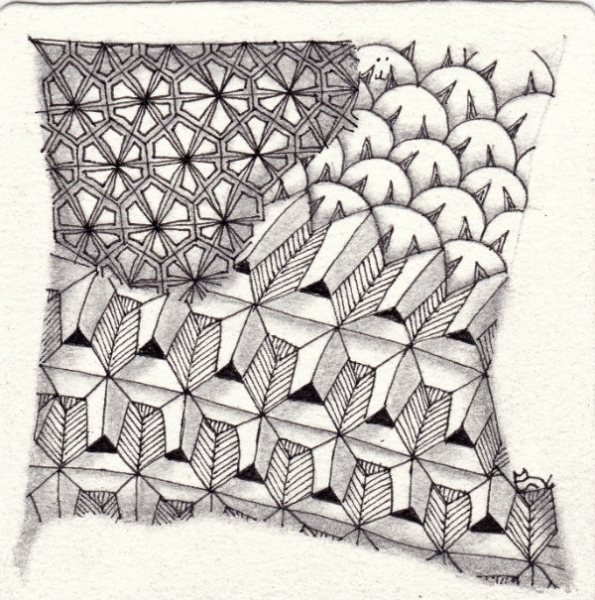 Ein Zentangle aus den Mustern Urgz, 63Y, Kitty,  gezeichnet von Ela Rieger, CZT