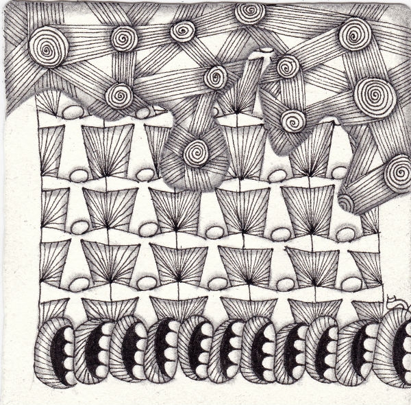 Ein Zentangle aus den Mustern Antacas, Open Wide, Line Game,  gezeichnet von Ela Rieger, CZT