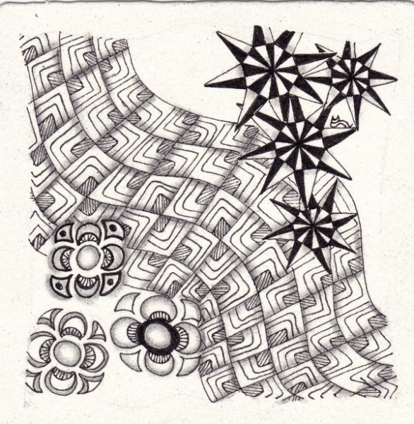 Ein Zentangle aus den Mustern Bloosa, Framz, Pointu,  gezeichnet von Ela Rieger, CZT
