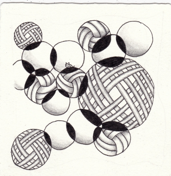 Ein Zentangle aus den Mustern Circalink, Lap, Volleyball,  gezeichnet von Ela Rieger, CZT