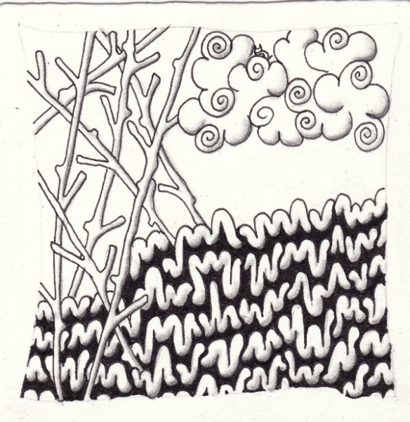 Ein Zentangle aus den Mustern EleBa, Twiggee, Curly Clouds,  gezeichnet von Ela Rieger, CZT