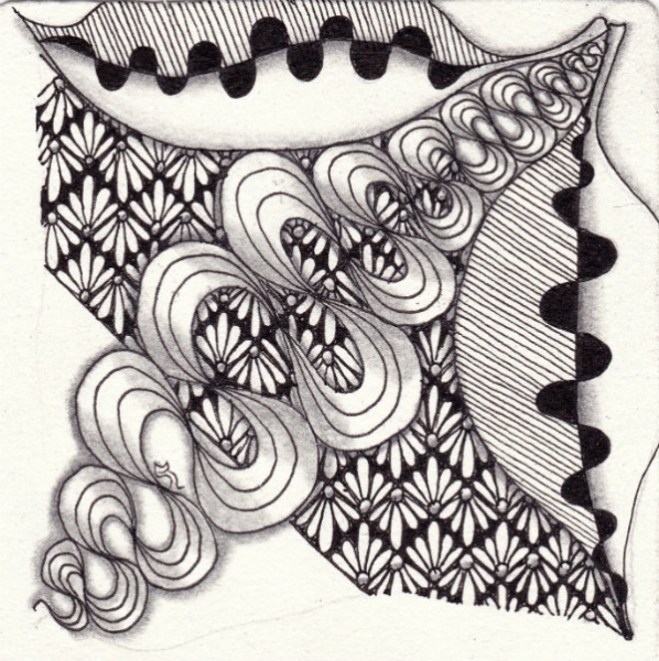 Ein Zentangle aus den Mustern Kandy Ribnz, Plum Leaf, Lanie,  gezeichnet von Ela Rieger, CZT