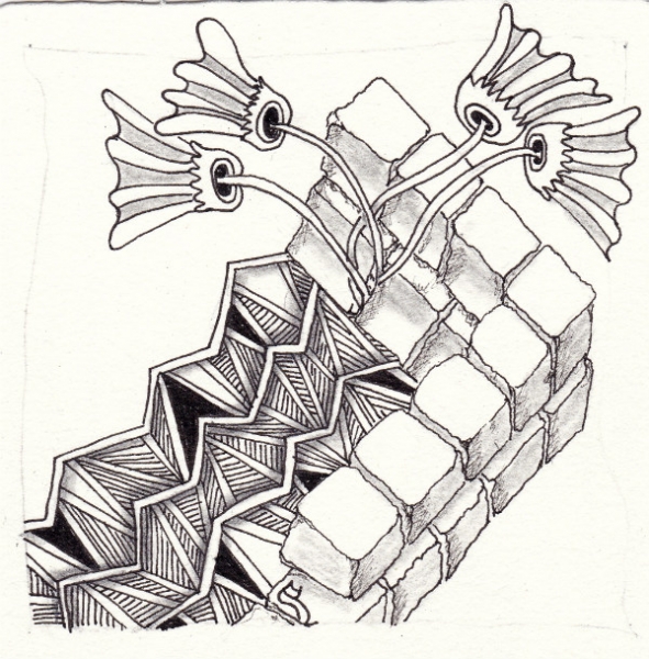 Ein Zentangle aus den Mustern Laceflower, Stoned Walled, Blinkt,  gezeichnet von Ela Rieger, CZT