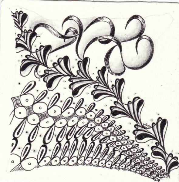 Ein Zentangle aus den Mustern LO´s, Vine Thanks, Krli-Qs,  gezeichnet von Ela Rieger, CZT